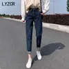 Lyzcr Vintage Harem Jeans女性緩い白いボーイフレンド女性デニム鉛筆パンツハイウエストママフィットフェムミ210809