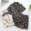 summer couple 100% cotton pajamas two-piece thin short-sleeved shorts ladies knitted cartoon bear men's home service set 210809