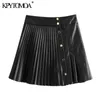 KPYTOMOA Women Chic Fashion Pleated Faux Leather Mini Skirt Vintage With Metal Snap Buttons Female Skirts Mujer 210621