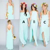 2021 Boho Beach Bridesmaid Klänningar En Linje Av Axel Golvlängd Chiffon Side Split Brudtärna Klänningar Anpassad Plus Storlek