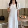 Letnia Sukienka Delikatne Retro Białe Eleganckie Biuro Lady Plaża Luźna Krótka Wysoka Talia Kobiety Chic Długie Suknie 210525