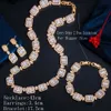 CWWZIRCONS 3 STKS Glanzende Luxe Baguette CZ Bridal Wedding Necklace Earring Armband Dubai Gouden Kostuum Sieraden Sets voor Dames T498 H1022