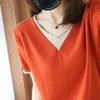 Sommar Koreansk Casual Loose V-Neck T-shirts för Kvinnor Bomull Tunna stickade Kortärmad Blus Pullover Ladies Toppar 13680 210521