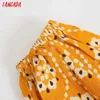 Tangada 패션 여성 노란 꽃 인쇄 대형 셔츠 드레스 긴 소매 숙녀 미디 드레스 5Z127 210609