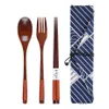 New3pcs / Set Natural Trä Serveware Set Bamboo Fork Chopsticks Soup Tesked Catering Bestick Set med tygväska Portable Porslin RRD125