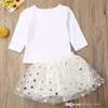 Ins-Baby Girls Princess Kläder Satser Barn Födelsedagskjol Outfits 1-6 år Långärmad Brev T-shirt Sequins Bows Polka Dot Mini Tutu Kjol 2PCS SUITS S1868