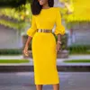 ボディコン黄色のドレス女性Oネック3クォータースリーブスリムミディ丈イブニングパーティーオフィスオフィスウェアレディースプラスサイズ2xl 210527