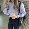 Lente Koreaanse chic geplooid V-hals Retro meisjes Hoge kwaliteit zoete vintage alle match puff sous shirts 210525