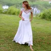 Bohemian White Wedding Vestidos Rendas Chiffon Aberto De Volta Com Cap Sleeves Sheer Pescoço Varredura Trem Barato Praia Nupcial Vestidos de Noiva 2021