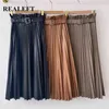 REALEFT Women Stylish Faux PU Leather Pleated Skirts with Belted Autumn Winter Female High Waist Umbrella Chic Skirts 211120