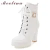 Meotina Winter Ankle Boots Women Boots Zipper Block Heels Short Boots Buckle Extreme High Heel Shoes Ladies White Big Size 34-43 210608