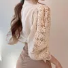 Ropa étnica 2021, blusa de mujer de retazos de encaje calado dulce, Blusas con cuello levantado, blusa blanca con pétalos en la manga y botones en la parte superior de flores J3D6