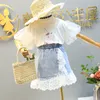 Barn Prinsessan Kläder uppsättningar 2021 Sommarflicka Tecknad filmbubbla ärm Topp T-shirt + Lace Denim Mini Skirt 2pcs Suits Söt Kids Outfits S1158
