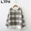 Mode Woolen Plaid High Quality Loose Womens Sweatshirts Pullover O-Neck Långärmad vårhopping 210427