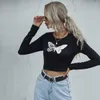 Slim Fashion Butterfly Printed Women T-Shirt Casual O-Neck Long Sleeve Women Sexy Short Tops W9221 210526