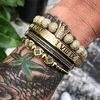 4 stks / set handgemaakte vlechten armband gouden hiphop mannen pave cz zirkoon kroon Romeinse numerale luxe sieraden cadeau Valentijnsdag kerst