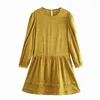 Elegant Women Floral Jacquard Dresses Fashion Ladies O-Neck Pleated Sweet Female Chic Yellow Satin Cascading 210427