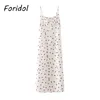 Foridol Çilek Baskı Beyaz Şifon Uzun Elbise Kadın Spagetti Kayışı Vintage Boho Yaz Plaj Maxi Elbise Kolsuz Sundress X0521
