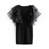 Sexig Club Black Bodycon Mini Dress Women Organza Petal Short Sleeve Party Streetwear Summer Es Vestidos 210508