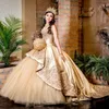Vestido de 15 anos de ouro quinceanera vestidos 2022 rendas applique frisado doce 16 vestido querida pageant vestidos de baile varredura trem307u