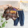 Baby Boys Girls Clothes Set Children Infant Fashion Cool Outfits New Spring Autumn Toddler Plaid Letter Long Sleeve Shirt+Jeans Y220310