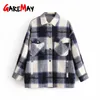 Women Green Plaid Woolen Coat Jacket Fashion Ladies Lapel Collar Long Sleeve Loose Oversize Casual Vintage Coats 210428