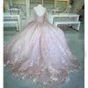 Blush Pink Square Collar Long Sleeve Ball Quinceanera Abiti Eleganti Applique floreali senza schienale perline Crystal Sweet 16 Promer