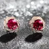 Серьги-гвоздики из розового золота 14 карат с цветком и красными кристаллами, рубинами, драгоценными камнями и бриллиантами для женщин, классические ювелирные изделия brincos, модные украшения 215602802