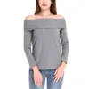 T-shirt da donna con spalle scoperte in cotone a maniche lunghe da donna Sexy Chic Fashion Tinta unita colore grigio Top camicette XXL Primavera Autunno 210527