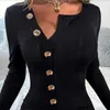 Autumn Knitted Womens Sexy Mini Dress Solid Long Sleeve Button Slit Slim Bodycon Ladies Trendy V Neck Party Casual Dresses