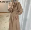 Korobov Kore Chic Maxi Elbise Kadınlar Pileli Tasarım Ince Bel Uzun Kollu Bir Çizgi Elbiseler Rahat Vintage Vestidos Mujer 2d625 210430