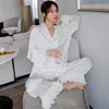 Daeyard seda pijama conjunto branco babados colarinho colarinho pijama primavera outono de manga longa sleepwear mulheres 2 pcs cetim nightwear 210809