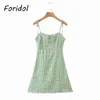 Plaid Green Short Summer Dress Women Sleeveless Strap Lace Up Cotton Beach Backless Mini Sundress 210427