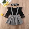 1-6y criança criança menina bebê roupas conjunto preto manga longa laço camiseta tops + xadrez ruffles saias macacões trajes de primavera 210515