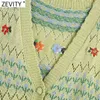 Zevity Women Fashion V Neck Floral Broderi Hollow Out Crochet Stickad Sweater Kvinna Chic Ärmlös Cardigan Vest Tops SW833 210603