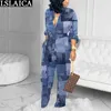 Womens Kleding Imitatie Denim Print Losse Riem Wide Been Jumpsuit Dames Mode Verkoop Lange Mouw Casual Abbigliamento Donna 210515