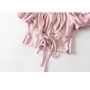 Camicia da donna alla moda con colletto senza spalline in tinta unita senza spalline con coulisse corta da donna sexy dolce top da donna rosa vintage 210507