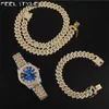 Hip Hop 3pcs Kit Heavy Watch + Prong Cuban Halsband + Armband 13.5mm Bling Crystal AAA + Iced Out Rhinestones Kedjor Män Smycken