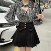 Korean OL 2 Piece Set Women Long Sleeve Leopard Shirt Blouses + High Waist Pleated Skirts Sets Suits Femme Two Outfits 210514