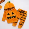 Conjunto de ropa para niña y niño, sudaderas con capucha y pantalones de calabaza de Halloween, ropa suave de terciopelo de otoño para niños, conjuntos de dos piezas de 3 a 24 meses