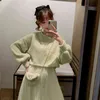 LUZUZI Korean Fashion Two Pieces Suit Women Set Knitted Spring Summer Sweet O Neck Sweaters And Spaghetti Strap Mesh Dress Set G1214