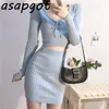 Matching Sets Dress Gentle White V Neck Knitted Top Fashion Clothing Slim Short Knitwear High Waist Skirt Sweet Casual 210429