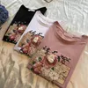 Summer Women's T-shirt Short Sleeve Cotton Floral Print Female T-shirts Pearl Appliques 3D Beading O Neck Casual Elegant 210518