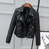 Весна осень женская короткая черная PU куртка тонкий модный мотоцикл кожаный повседневная дикое пальто