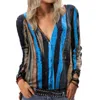 Autumn T-Shirt Women Fashion V-Neck Zipper Tie Dye Stripe Print Loose Casual Long Sleeve Ladies TShirt Female Plus Size 5XL Tops 210526