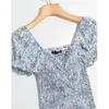 Blaues Blumen-Bodycon-Minikleid für Damen, elegante Kleider, rückenfrei, elastisch, plissiert, kurze Puffärmel, Party, ES 210430