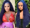 Lange Krullend Donkerblauw Kant Voor Menselijk Haar Pruiken Braziliaanse Diepe Golf Synthetische Pruik Lijmloze Pre Geplukt met Babyhair