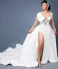 Arabische Aso Ebi Meerjungfrau Spitze Kristalle Brautkleider Sheer Neck High Split Abnehmbare Langarm Afrikanische Nigerianischen Brautkleider