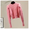 New design women's o-neck luxury design beading puff long sleeve knitted sweater tops jumpers