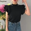 T-Shirt da donna Neploe White O Neck T-shirt lavorata a maglia Donna 2021 Summer Ruffles T-shirt a maniche corte Tops Korean Chic Loose Elegant Mujer 4j070